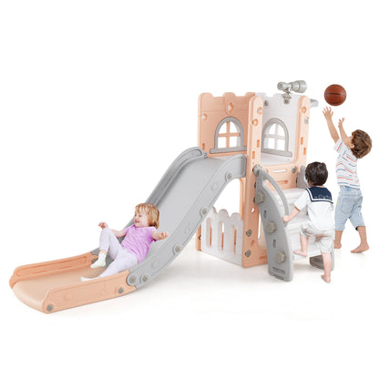 6-in-1 Toddler Slide L-shaped Playground with Basketball Hoop and Ladder, Pink Climbers & Slides at Gallery Canada