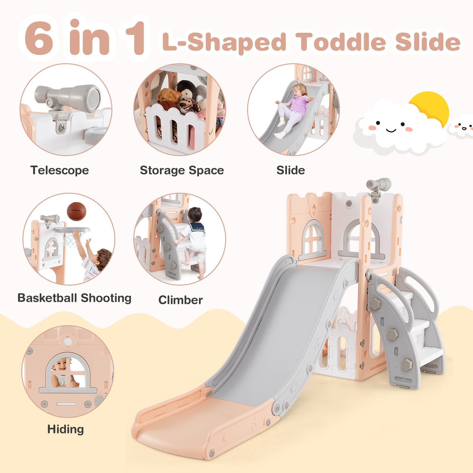 6-in-1 Toddler Slide L-shaped Playground with Basketball Hoop and Ladder, Pink Climbers & Slides at Gallery Canada