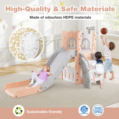 6-in-1 Toddler Slide L-shaped Playground with Basketball Hoop and Ladder, Pink Climbers & Slides at Gallery Canada