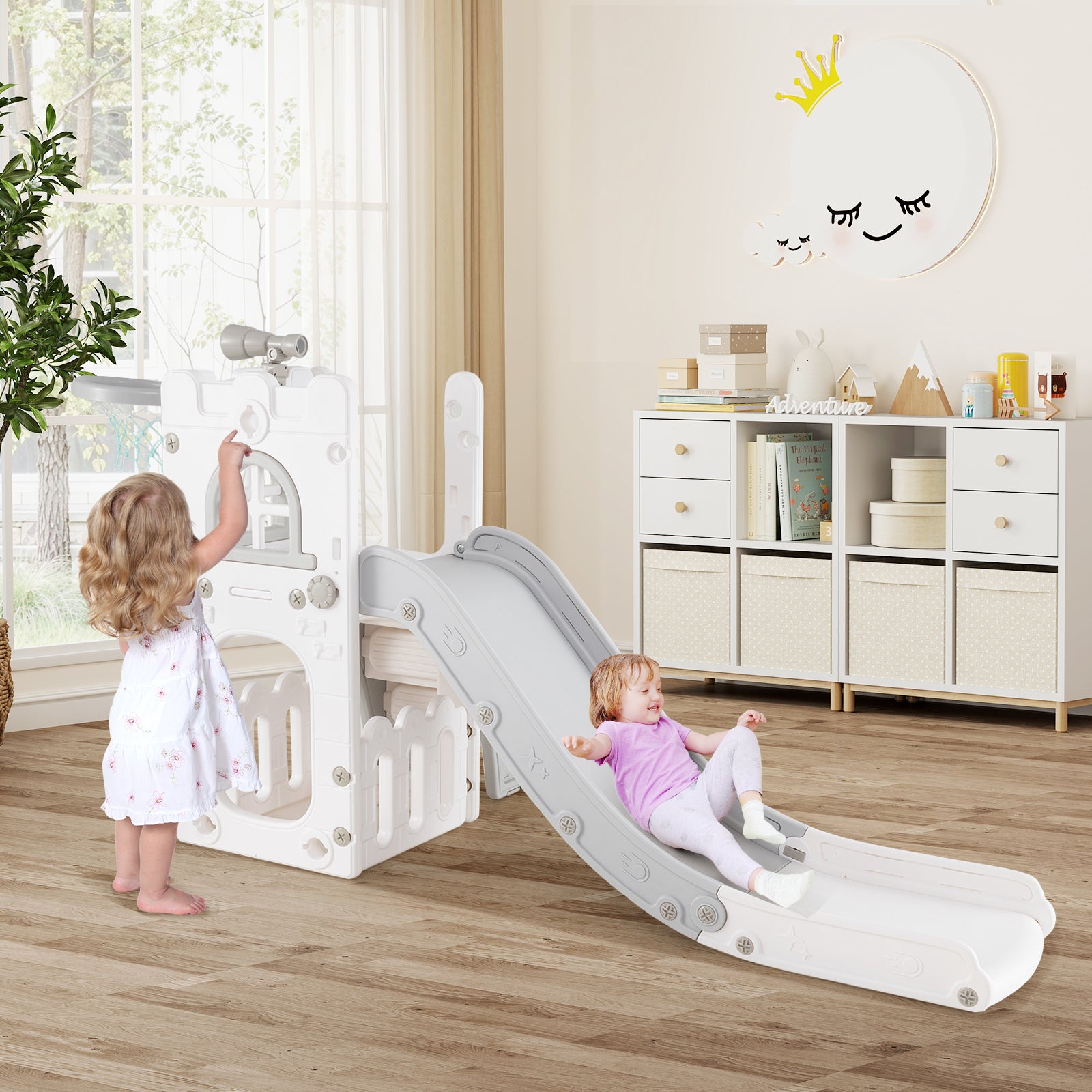 6-in-1 Toddler Slide L-shaped Playground with Basketball Hoop and Ladder, Gray Climbers & Slides at Gallery Canada