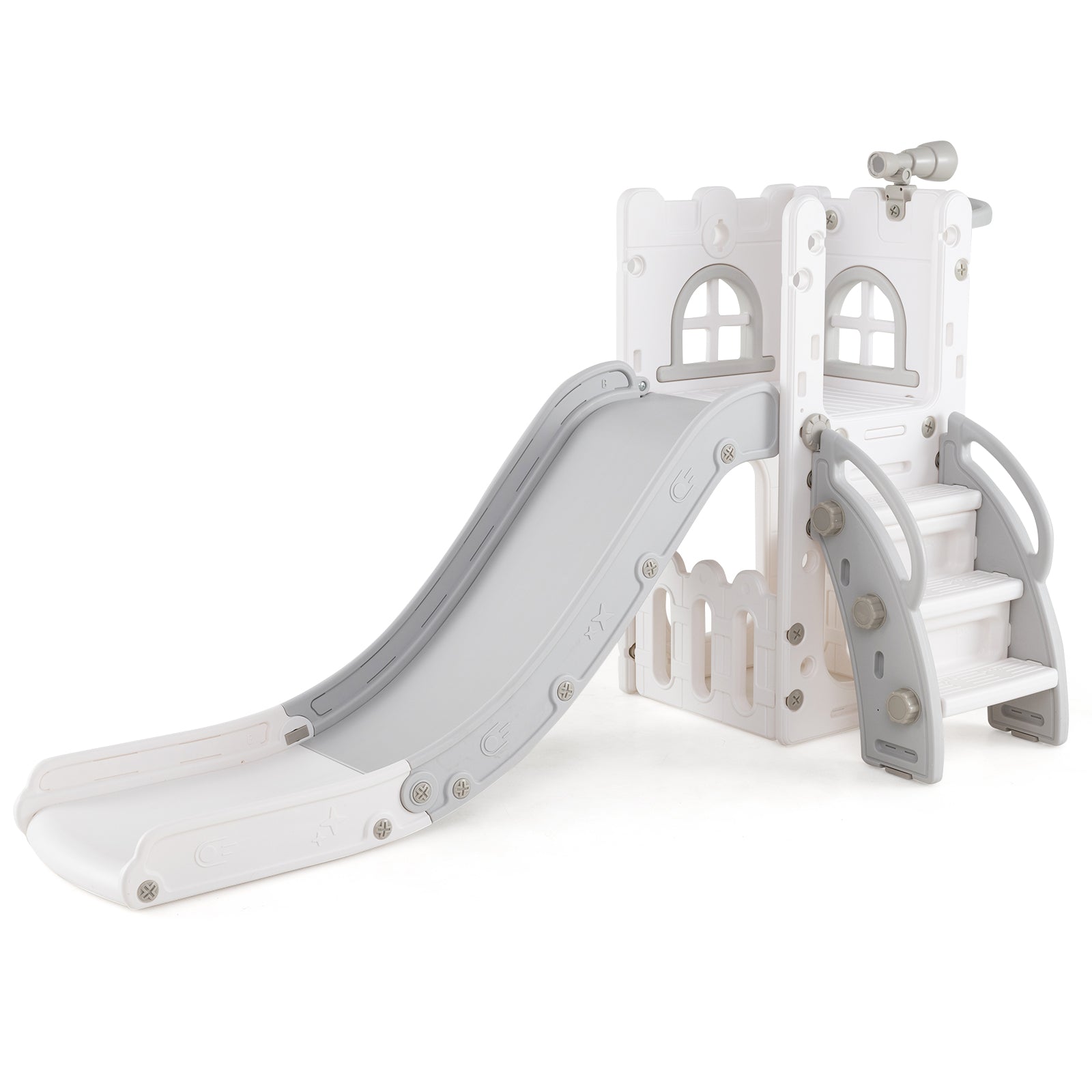 6-in-1 Toddler Slide L-shaped Playground with Basketball Hoop and Ladder, Gray Climbers & Slides Gray at Gallery Canada