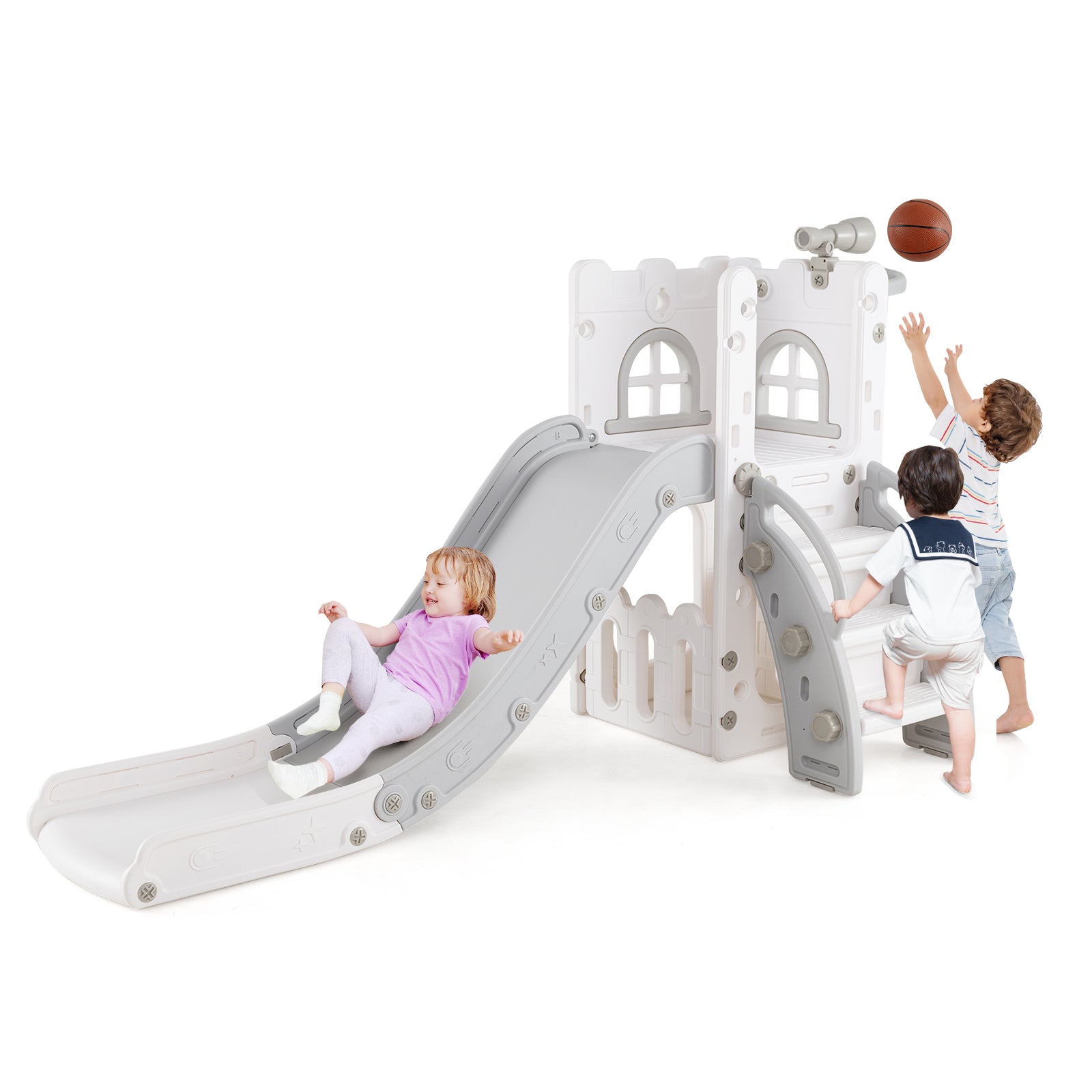 6-in-1 Toddler Slide L-shaped Playground with Basketball Hoop and Ladder, Gray Climbers & Slides at Gallery Canada