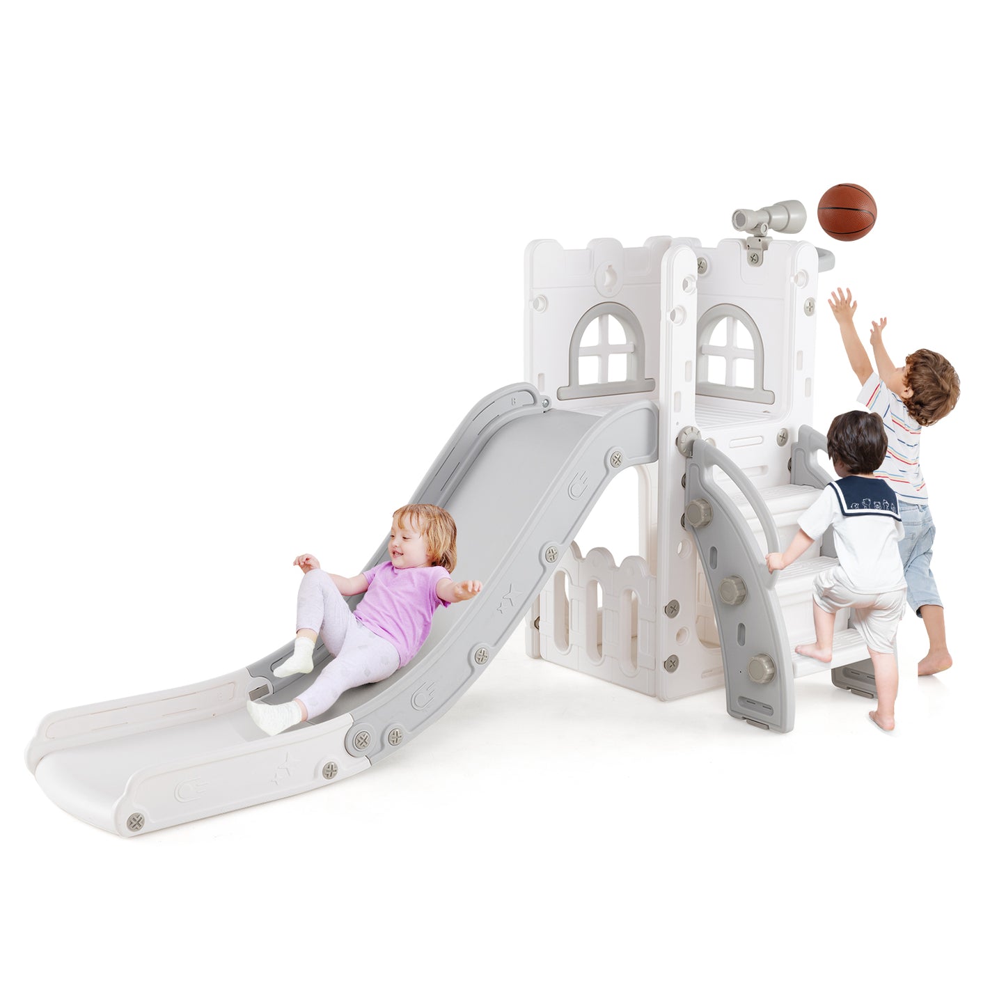 6-in-1 Toddler Slide L-shaped Playground with Basketball Hoop and Ladder, Gray Climbers & Slides at Gallery Canada