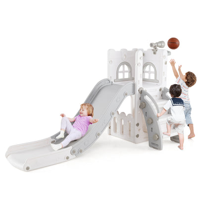 6-in-1 Toddler Slide L-shaped Playground with Basketball Hoop and Ladder, Gray Climbers & Slides at Gallery Canada