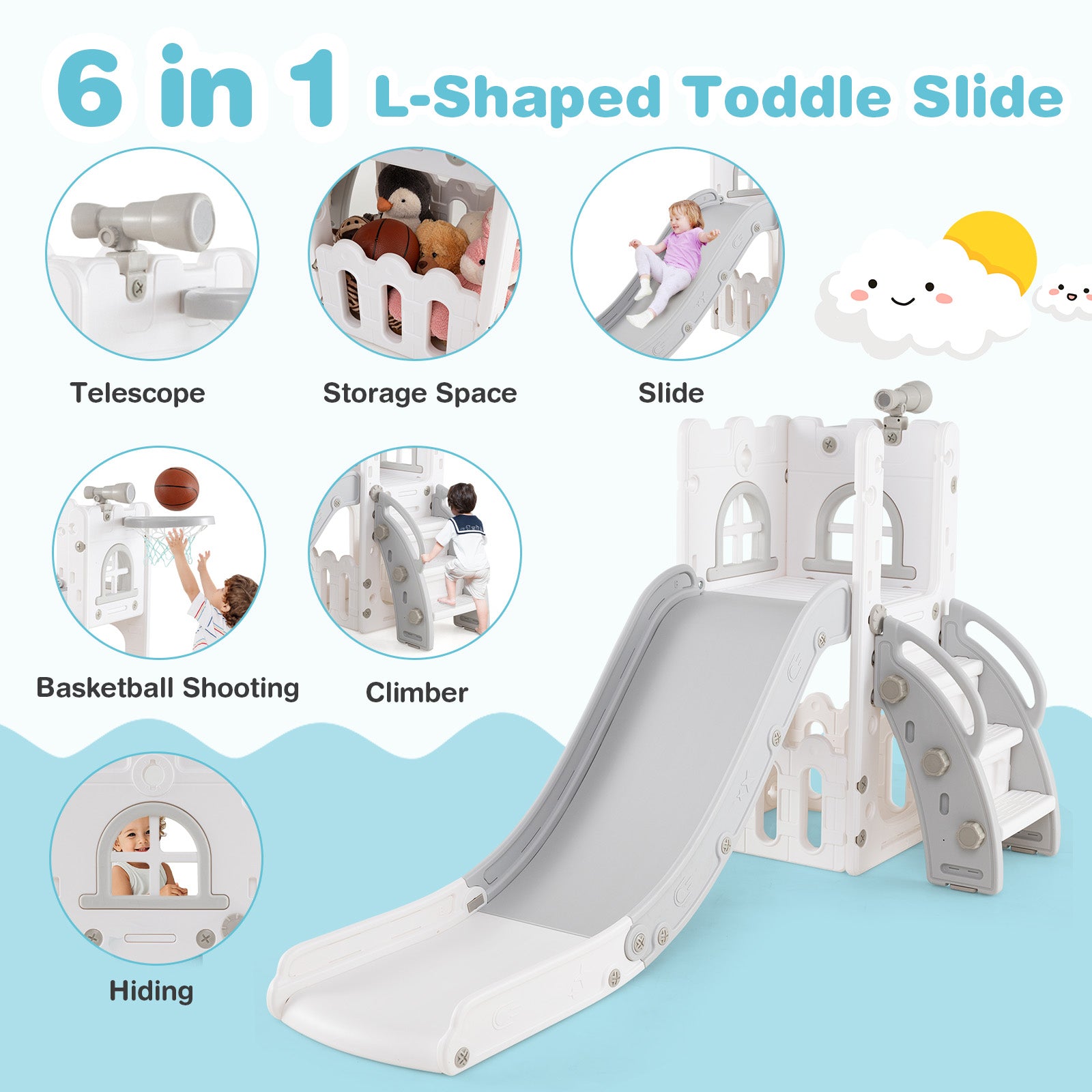 6-in-1 Toddler Slide L-shaped Playground with Basketball Hoop and Ladder, Gray Climbers & Slides at Gallery Canada