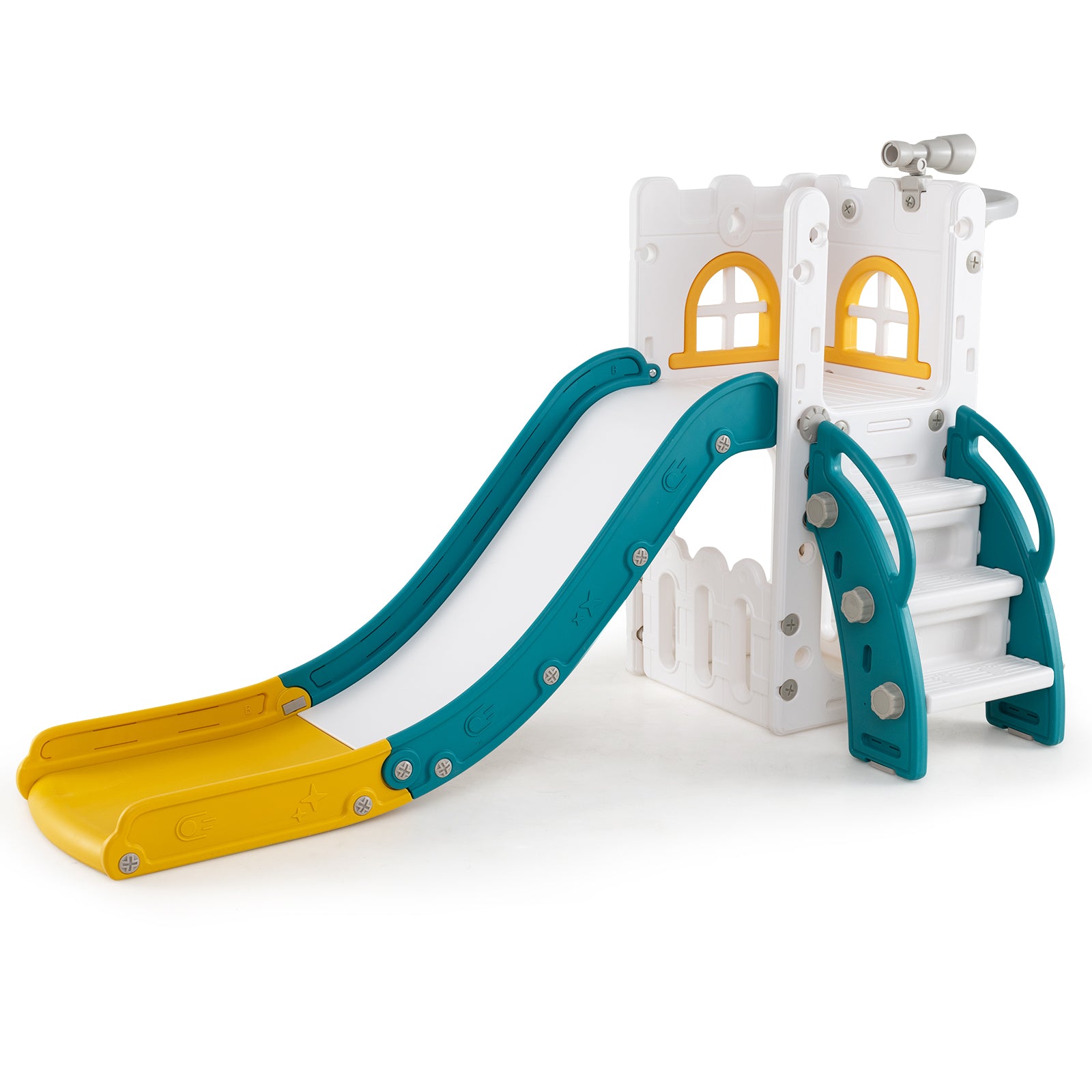 6-in-1 Toddler Slide L-shaped Playground with Basketball Hoop and Ladder, Yellow Climbers & Slides Yellow at Gallery Canada