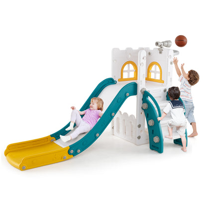 6-in-1 Toddler Slide L-shaped Playground with Basketball Hoop and Ladder, Yellow Climbers & Slides at Gallery Canada