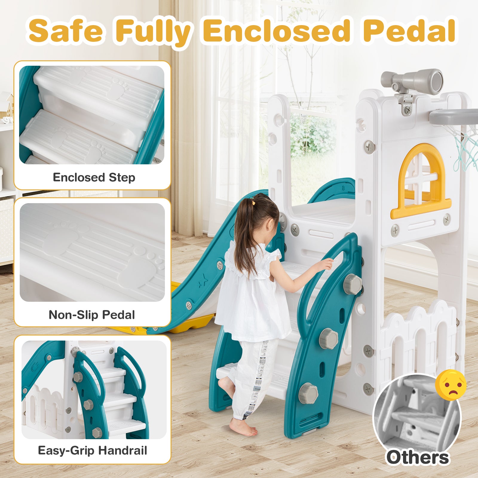 6-in-1 Toddler Slide L-shaped Playground with Basketball Hoop and Ladder, Yellow Climbers & Slides at Gallery Canada