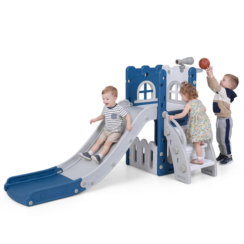 6-In-1 Toddler Slide, L-Shaped Playground With Basketball Hoop, Blue