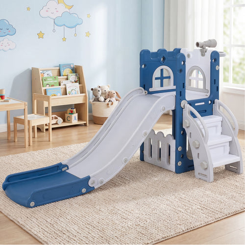 6-In-1 Toddler Slide, L-Shaped Playground With Basketball Hoop, Blue