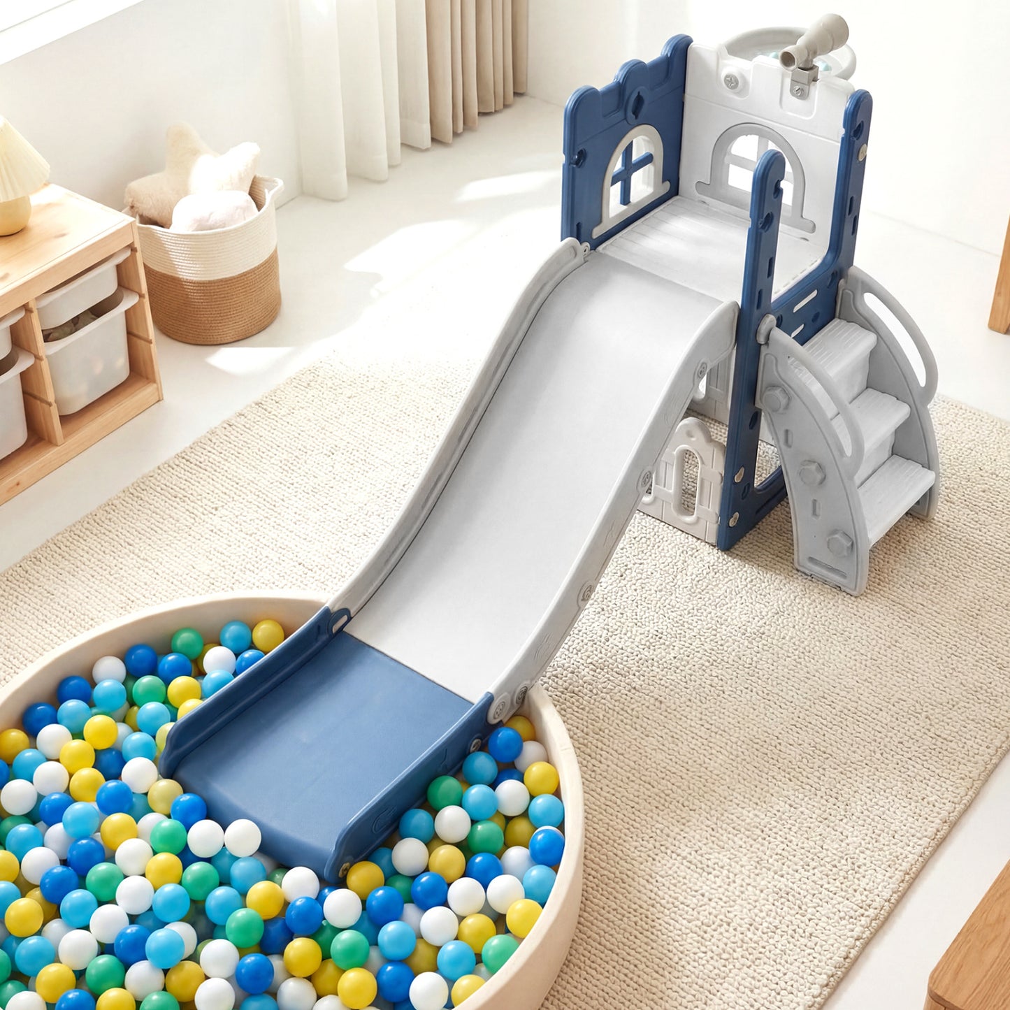6-In-1 Toddler Slide, L-Shaped Playground With Basketball Hoop, Blue Climbers & Slides at Gallery Canada