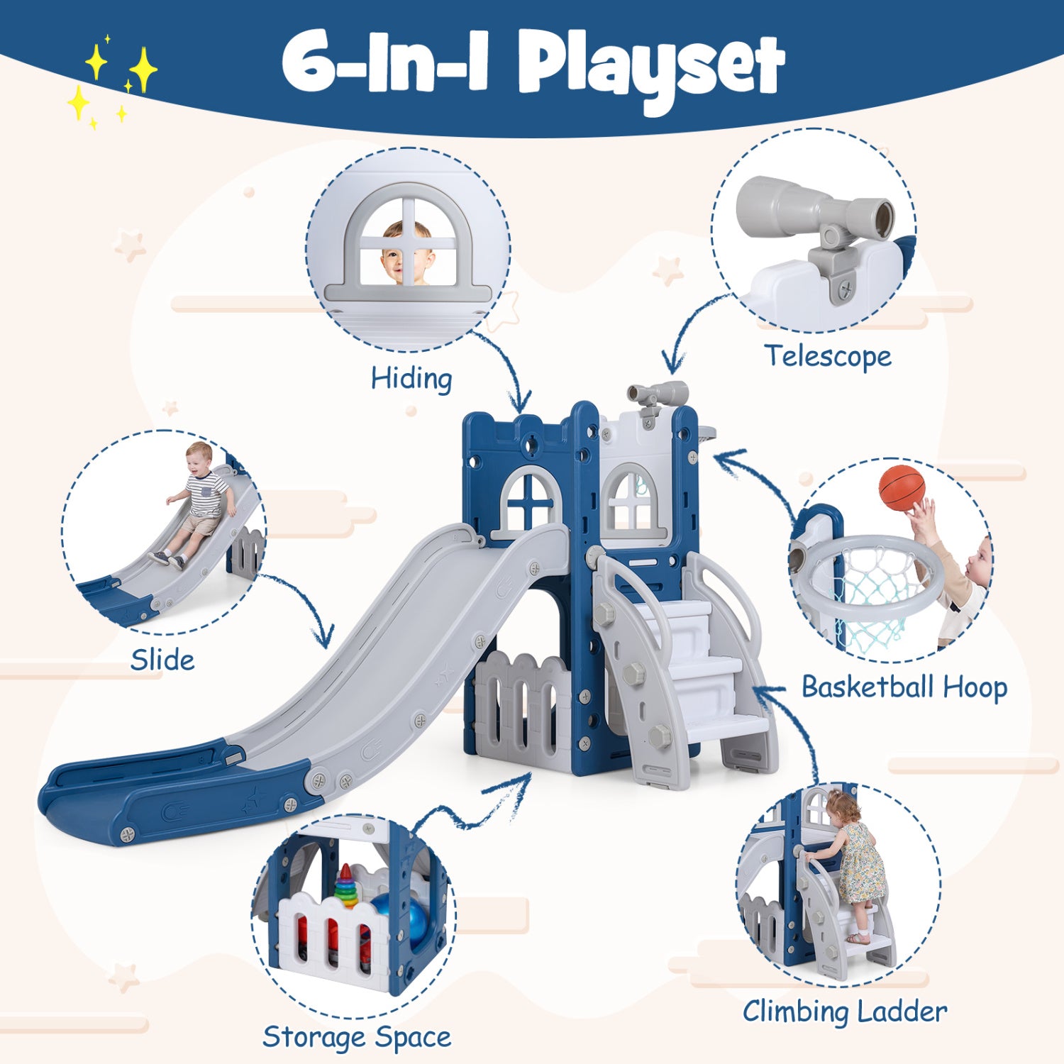 6-In-1 Toddler Slide, L-Shaped Playground With Basketball Hoop, Blue Climbers & Slides at Gallery Canada
