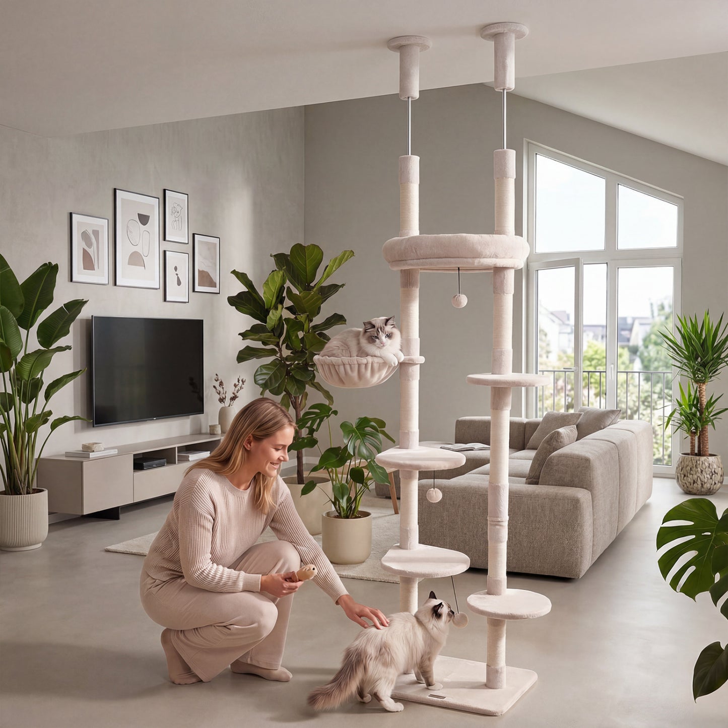 6-tier Floor to Ceiling Cat Tree with Plush Bed and Sisal Scratching Posts, Beige Cat Trees Condos & Scratchers at Gallery Canada
