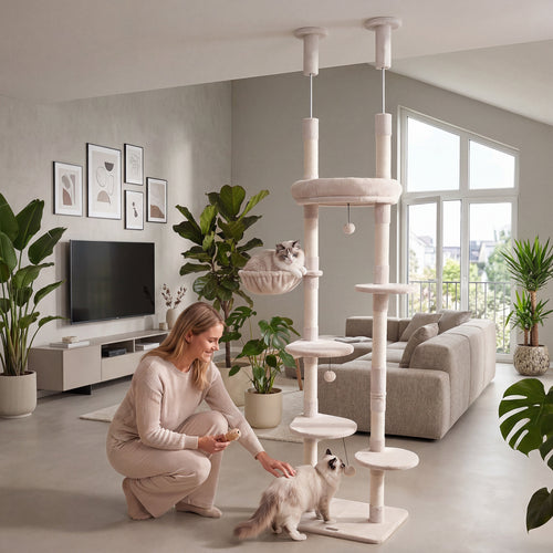 6-tier Floor to Ceiling Cat Tree with Plush Bed and Sisal Scratching Posts, Beige