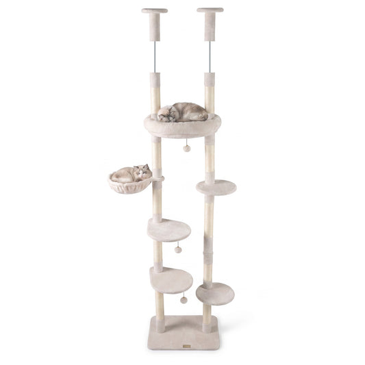 6-tier Floor to Ceiling Cat Tree with Plush Bed and Sisal Scratching Posts, Beige Cat Trees Condos & Scratchers Beige at Gallery Canada
