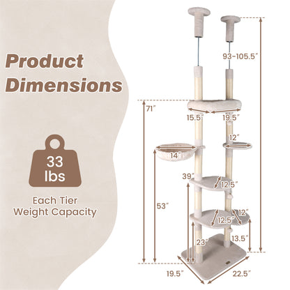 6-tier Floor to Ceiling Cat Tree with Plush Bed and Sisal Scratching Posts, Beige Cat Trees Condos & Scratchers at Gallery Canada