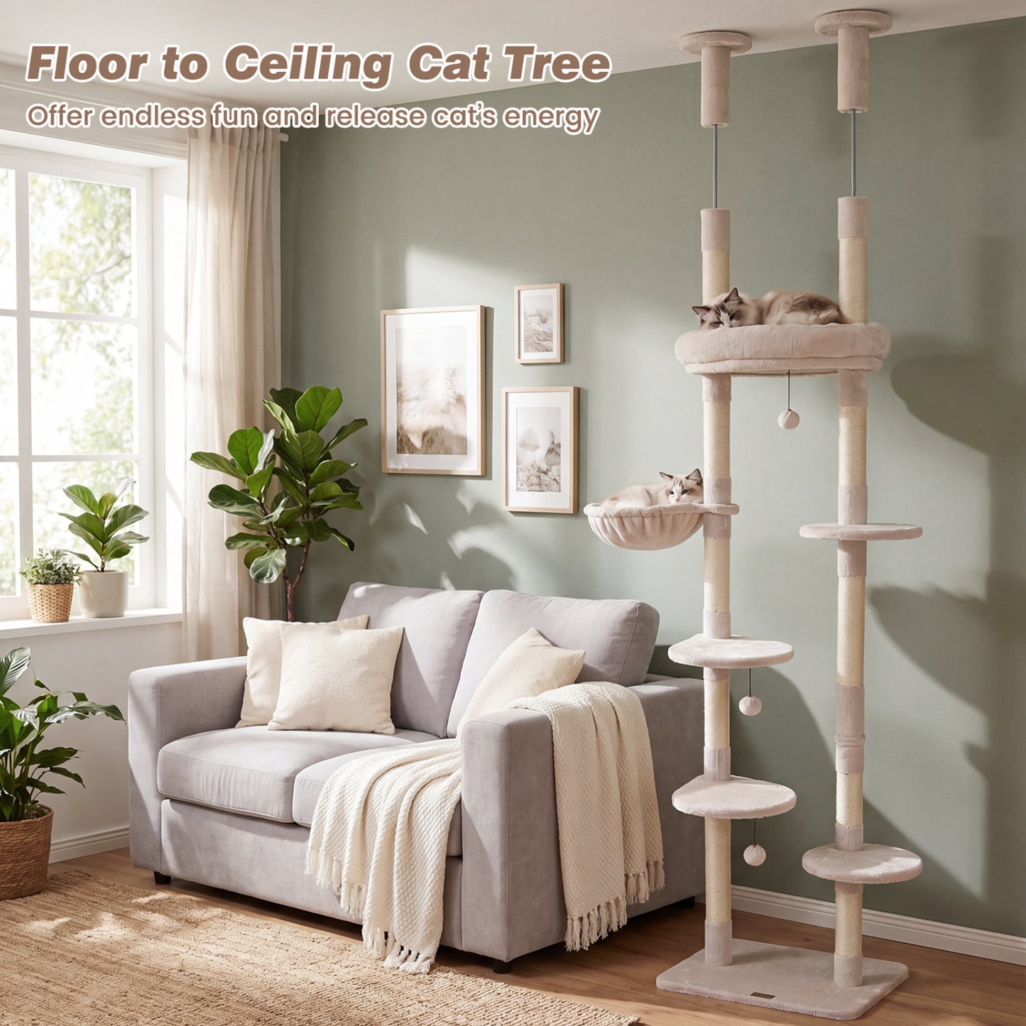 6-tier Floor to Ceiling Cat Tree with Plush Bed and Sisal Scratching Posts, Beige Cat Trees Condos & Scratchers at Gallery Canada
