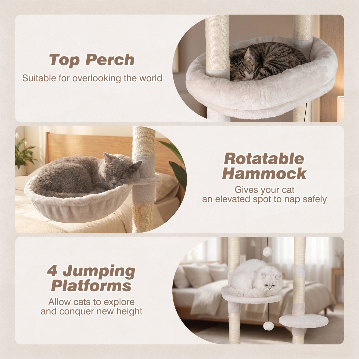 6-tier Floor to Ceiling Cat Tree with Plush Bed and Sisal Scratching Posts, Beige Cat Trees Condos & Scratchers at Gallery Canada