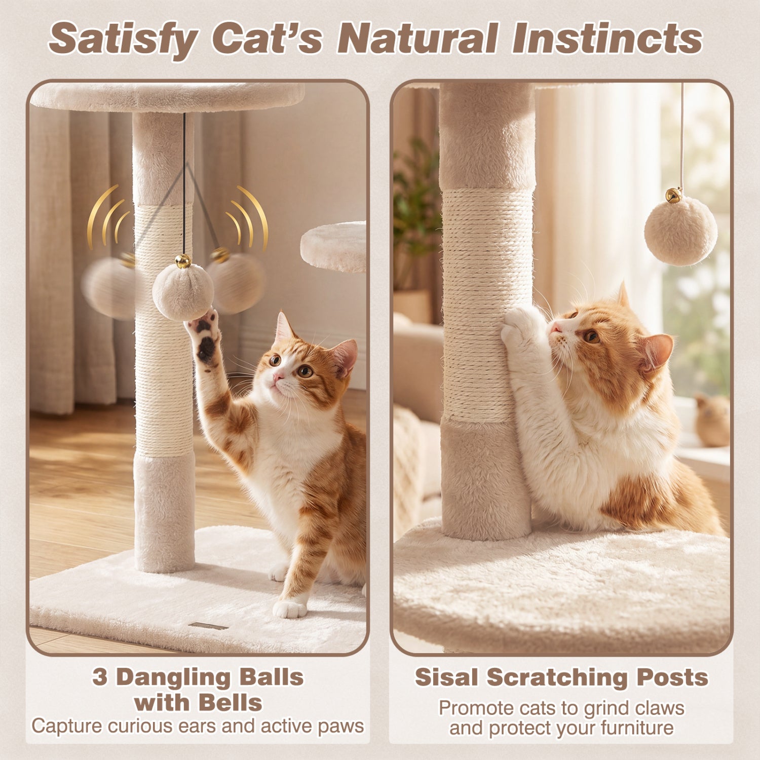 6-tier Floor to Ceiling Cat Tree with Plush Bed and Sisal Scratching Posts, Beige Cat Trees Condos & Scratchers at Gallery Canada