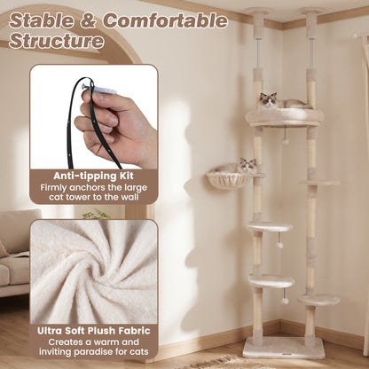 6-tier Floor to Ceiling Cat Tree with Plush Bed and Sisal Scratching Posts, Beige Cat Trees Condos & Scratchers at Gallery Canada