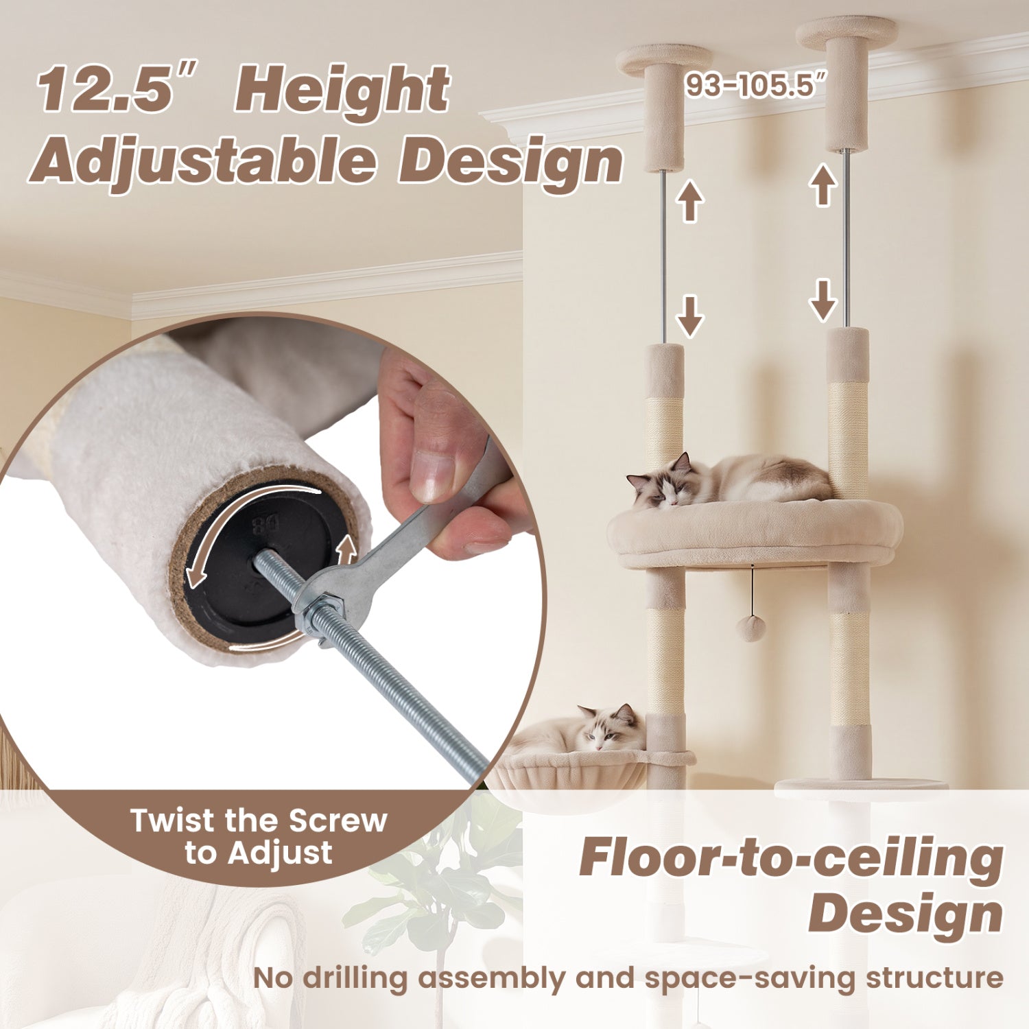 6-tier Floor to Ceiling Cat Tree with Plush Bed and Sisal Scratching Posts, Beige Cat Trees Condos & Scratchers at Gallery Canada