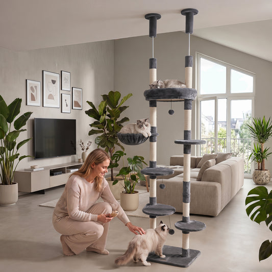 6-tier Floor to Ceiling Cat Tree with Plush Bed and Sisal Scratching Posts, Gray Cat Trees Condos & Scratchers Gray at Gallery Canada