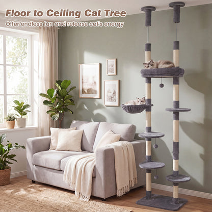 6-tier Floor to Ceiling Cat Tree with Plush Bed and Sisal Scratching Posts, Gray Cat Trees Condos & Scratchers at Gallery Canada