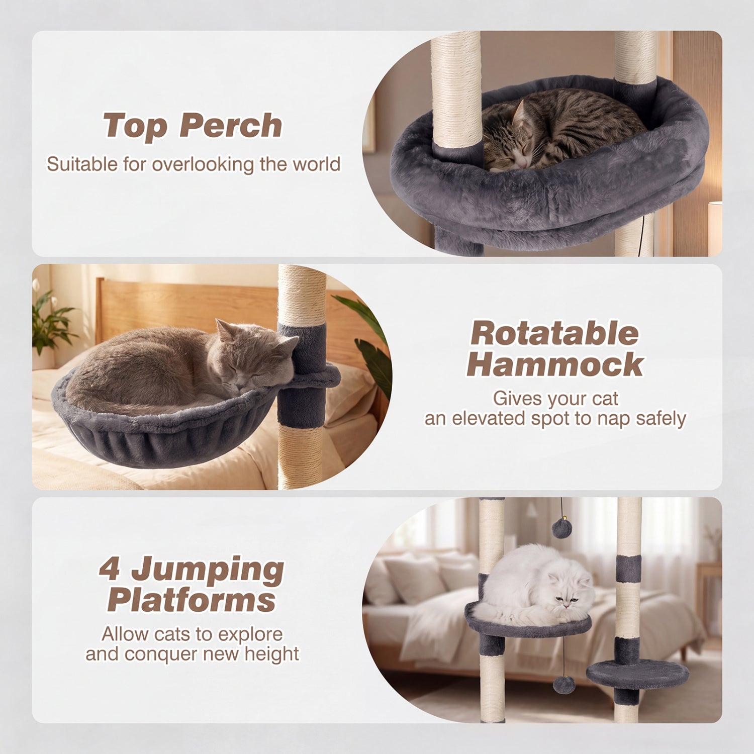 6-tier Floor to Ceiling Cat Tree with Plush Bed and Sisal Scratching Posts, Gray Cat Trees Condos & Scratchers at Gallery Canada