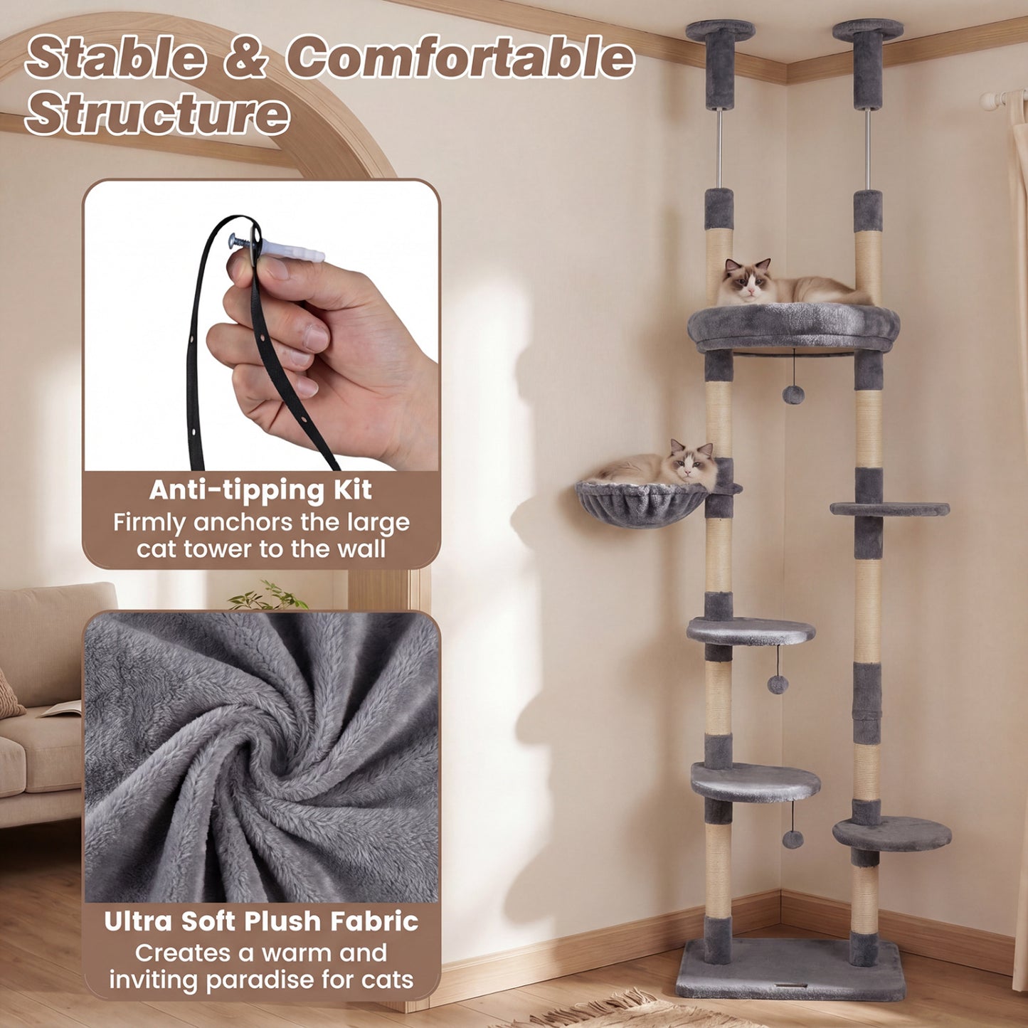 6-tier Floor to Ceiling Cat Tree with Plush Bed and Sisal Scratching Posts, Gray Cat Trees Condos & Scratchers at Gallery Canada