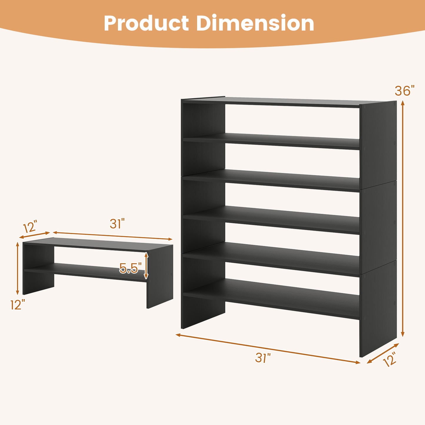 6-tier Shoe Rack with Anti-tipping Device for Entryway, Black Shoe Racks & Storage Benches at Gallery Canada