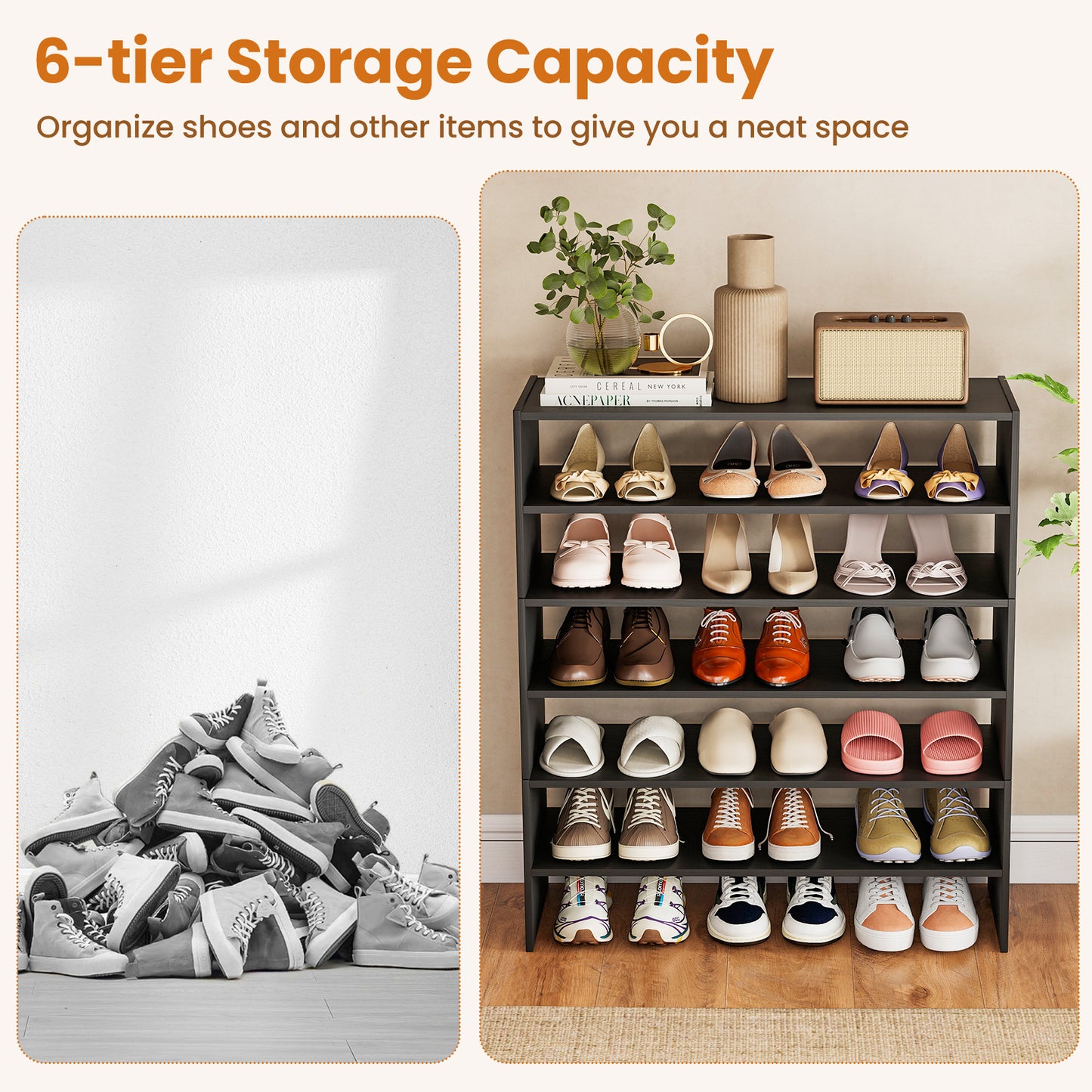 6-tier Shoe Rack with Anti-tipping Device for Entryway, Black Shoe Racks & Storage Benches at Gallery Canada