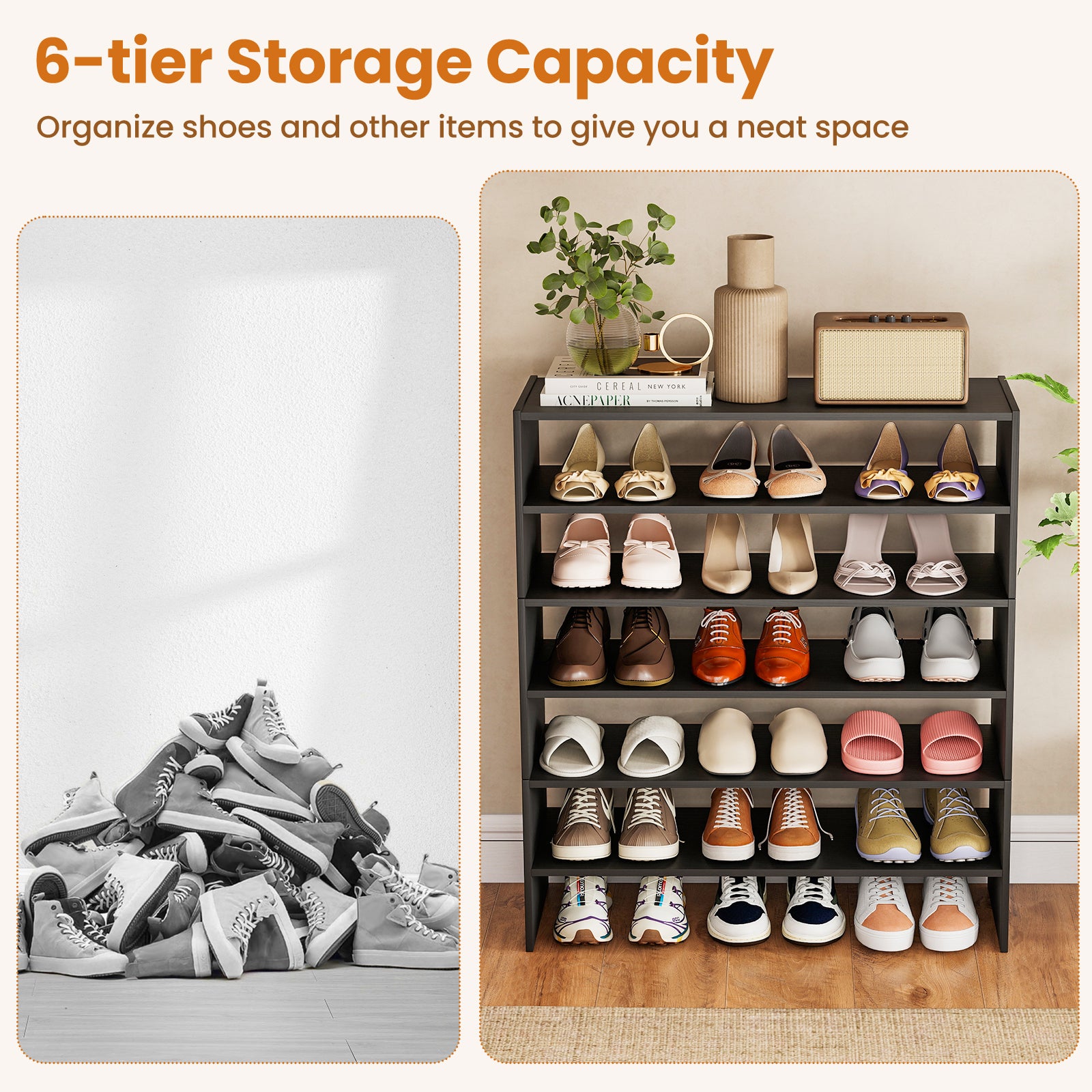 6-tier Shoe Rack with Anti-tipping Device for Entryway, Black Shoe Racks & Storage Benches at Gallery Canada