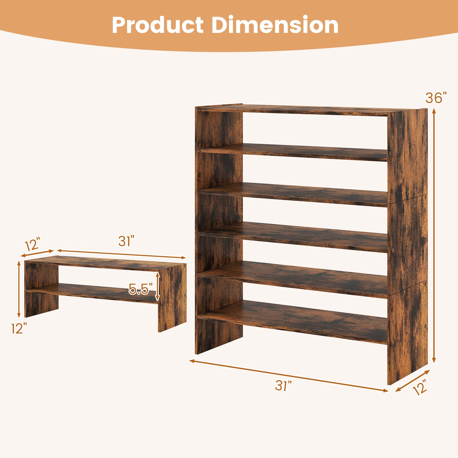 6-tier Shoe Rack with Anti-tipping Device for Entryway, Rustic Brown Shoe Racks & Storage Benches at Gallery Canada