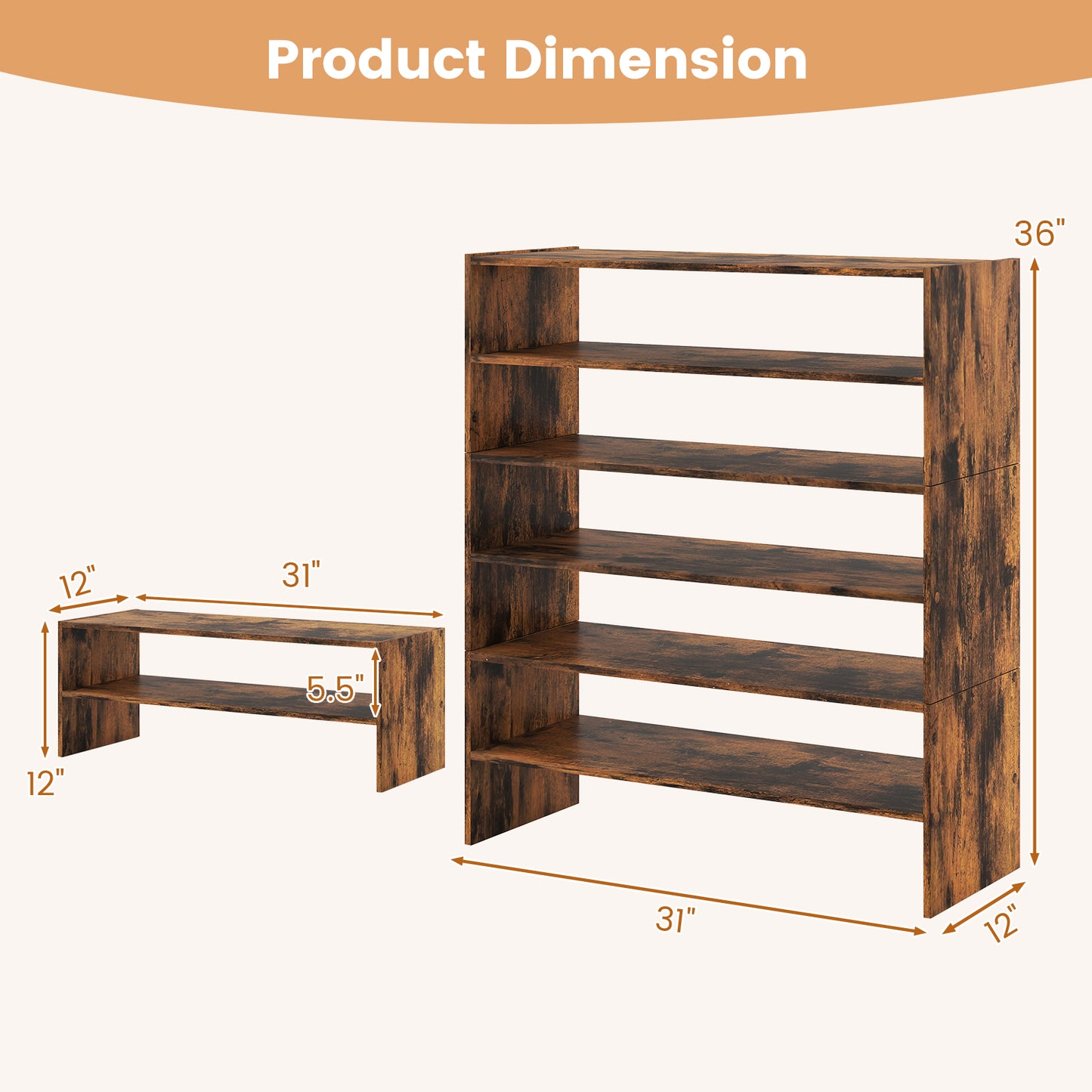 6-tier Shoe Rack with Anti-tipping Device for Entryway, Rustic Brown Shoe Racks & Storage Benches at Gallery Canada