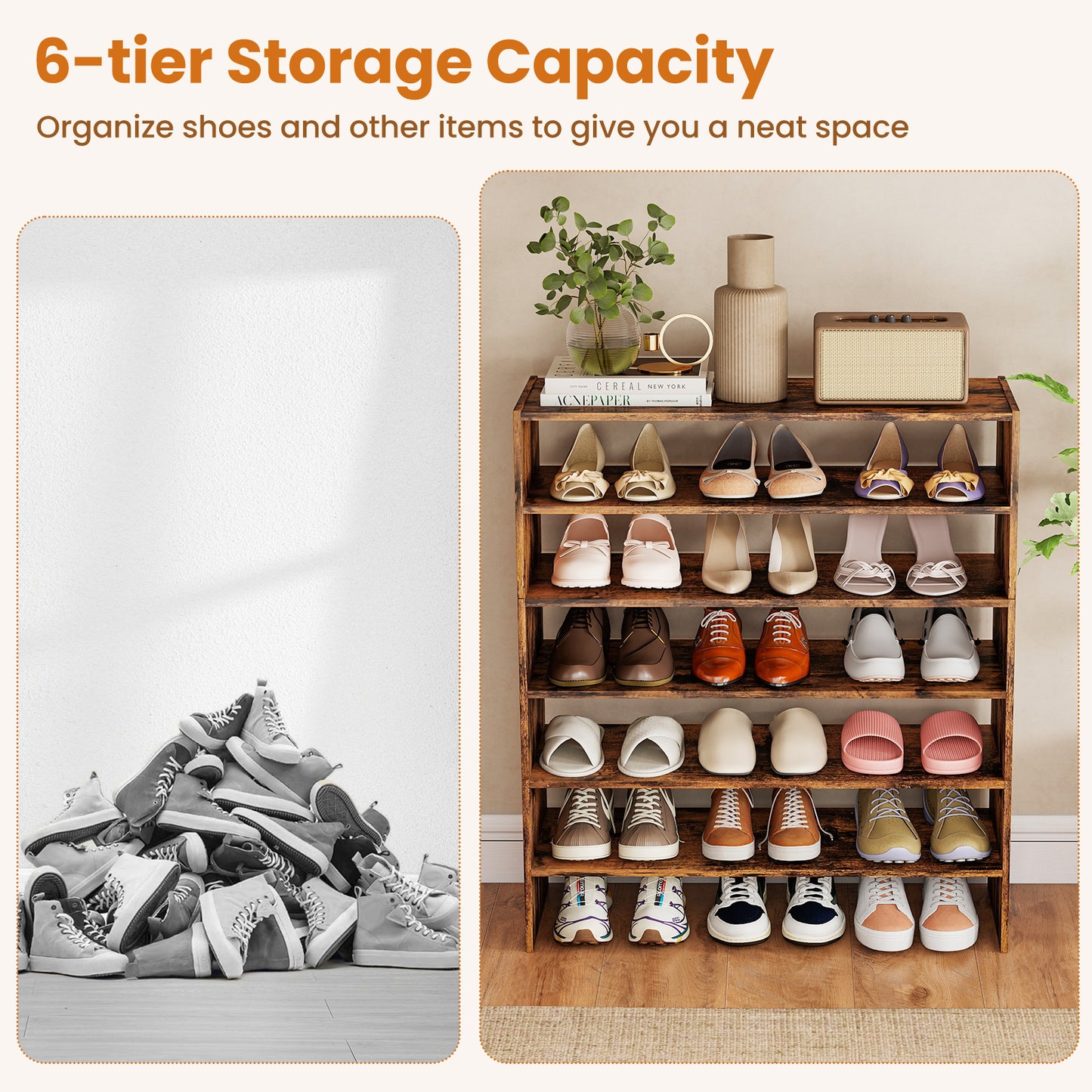 6-tier Shoe Rack with Anti-tipping Device for Entryway, Rustic Brown Shoe Racks & Storage Benches at Gallery Canada