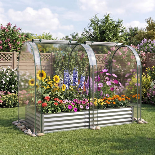 6 x 3 x 1 FT Galvanized Raised Garden Bed, Greenhouse Cover, Silver