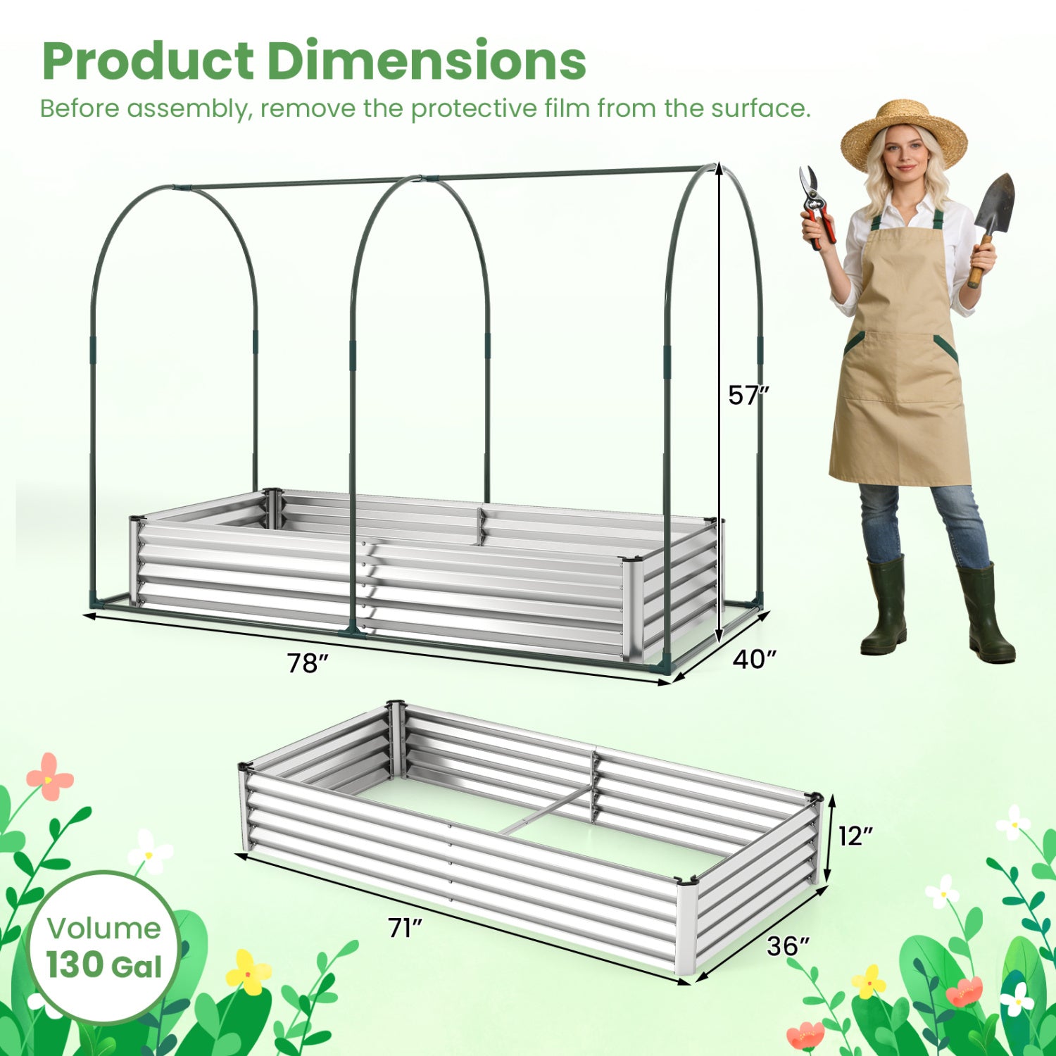 6 x 3 x 1 FT Galvanized Raised Garden Bed, Greenhouse Cover, Silver Raised Garden Beds at Gallery Canada