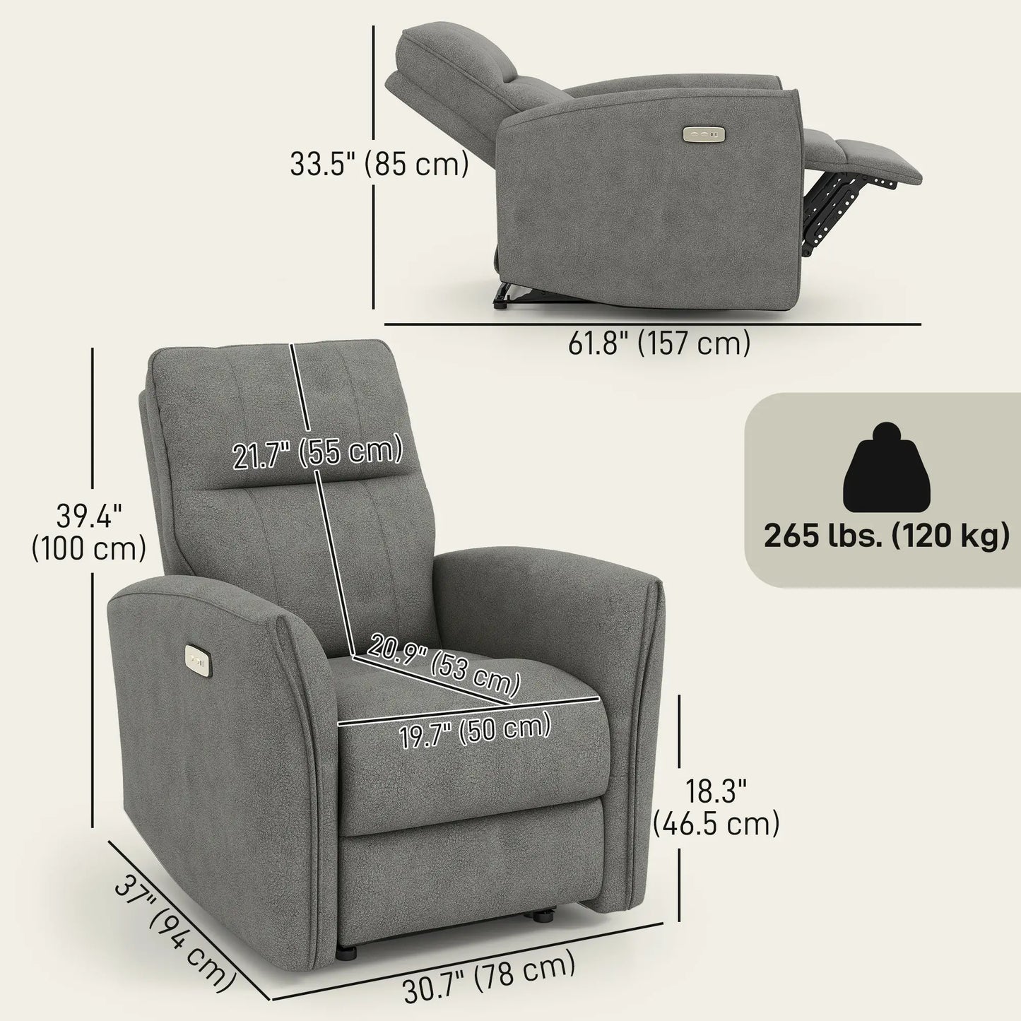 Fabric Recliner Chair, USB Ports, Footrest, Grey Sofas & Reclining Chairs at Gallery Canada