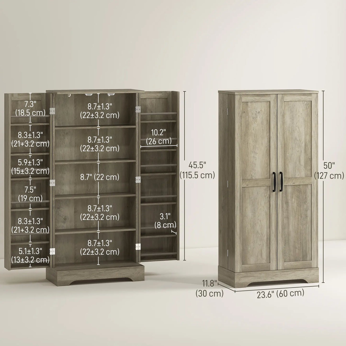 50" Pantry Storage Cabinet, Farmhouse Style, Adjustable Shelves, Distressed Grey, Grey Kitchen Pantry Cabinets at Gallery Canada