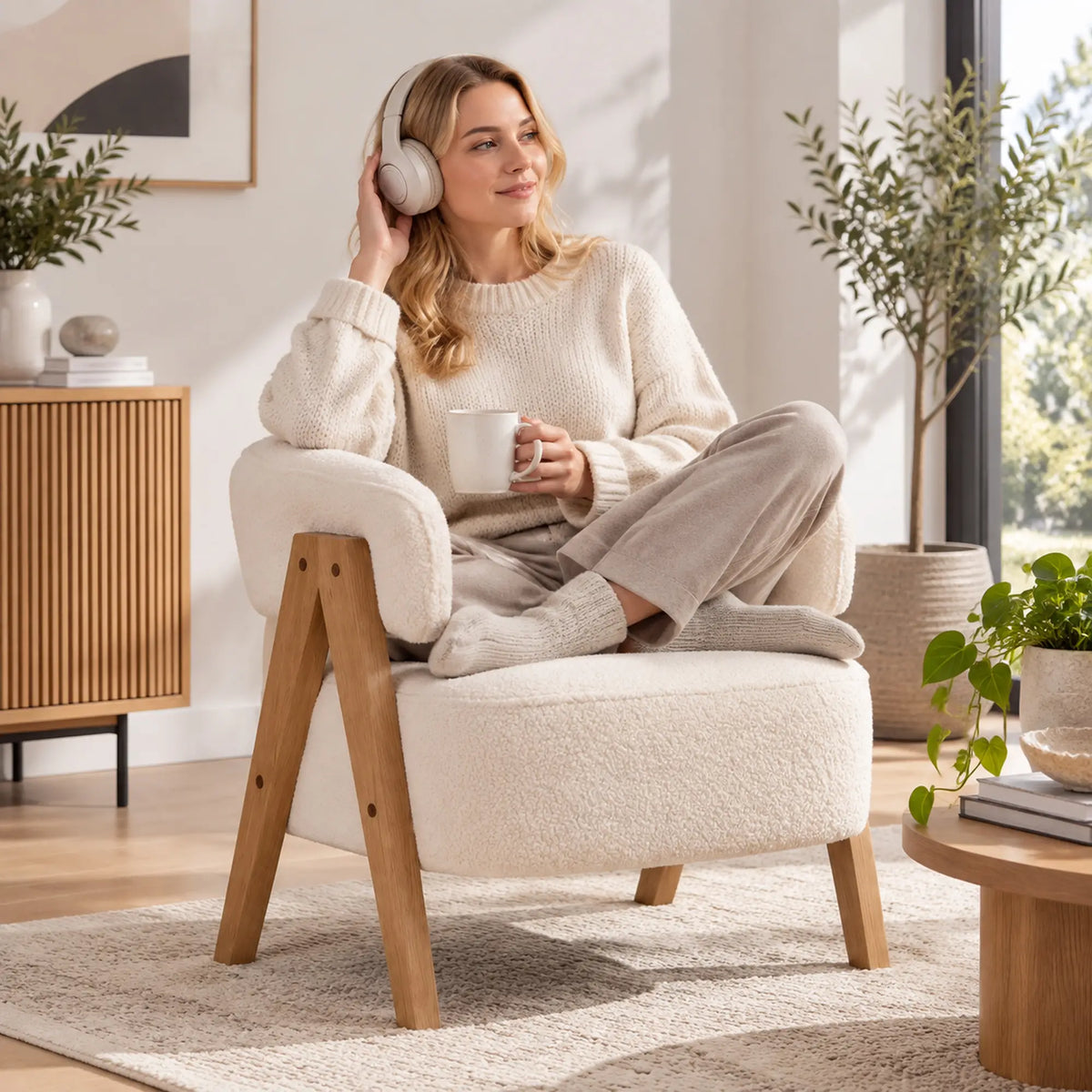 Sherpa Fleece Accent Chair, Upholstered Armchair with Wood Legs, White Accent Chairs at Gallery Canada