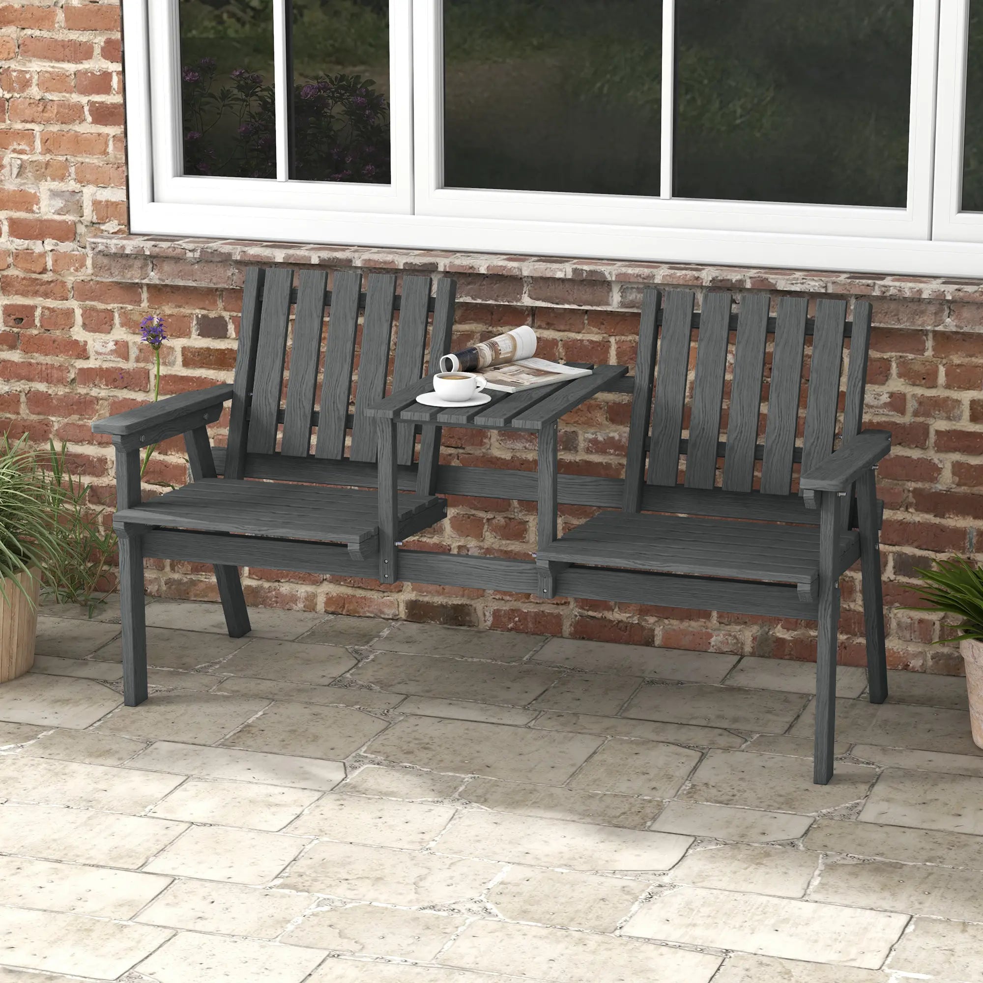 2-Seater Garden Bench with Middle Table, Umbrella Hole, Grey Patio Chairs at Gallery Canada