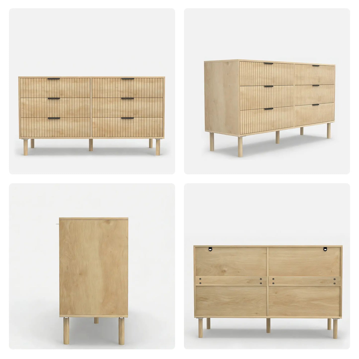 6 Drawer Dresser, Fluted Panels, Solid Wood Legs, Oak Storage Cabinets at Gallery Canada