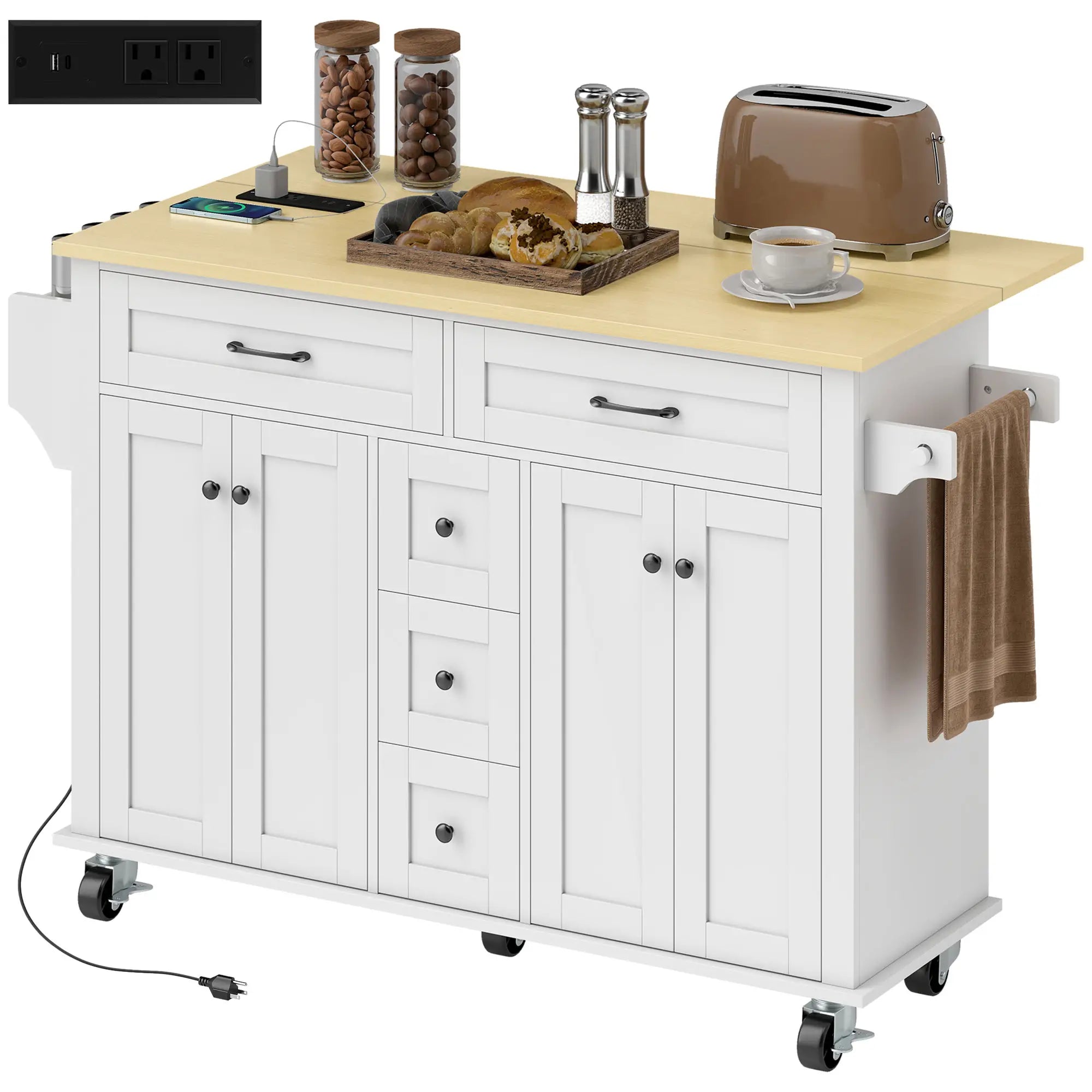Kitchen Island Cart with Power Outlet, Drop Leaf, 55 Inch, White Kitchen Islands & Kitchen Carts at Gallery Canada
