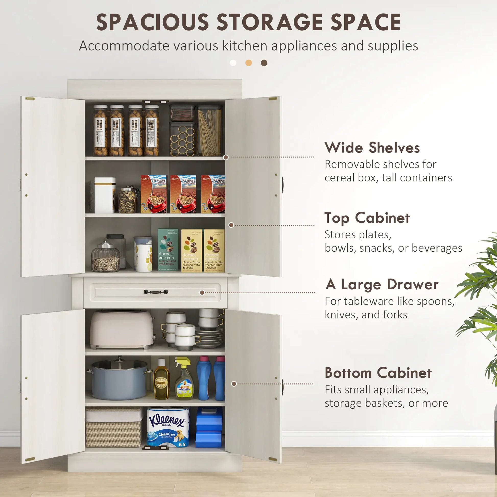 71" Freestanding Kitchen Pantry, 4 Doors 2 Cabinets, Distressed White, White Kitchen Pantry Cabinets at Gallery Canada