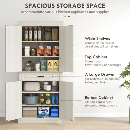71" Freestanding Kitchen Pantry, 4 Doors 2 Cabinets, Distressed White, White Kitchen Pantry Cabinets at Gallery Canada