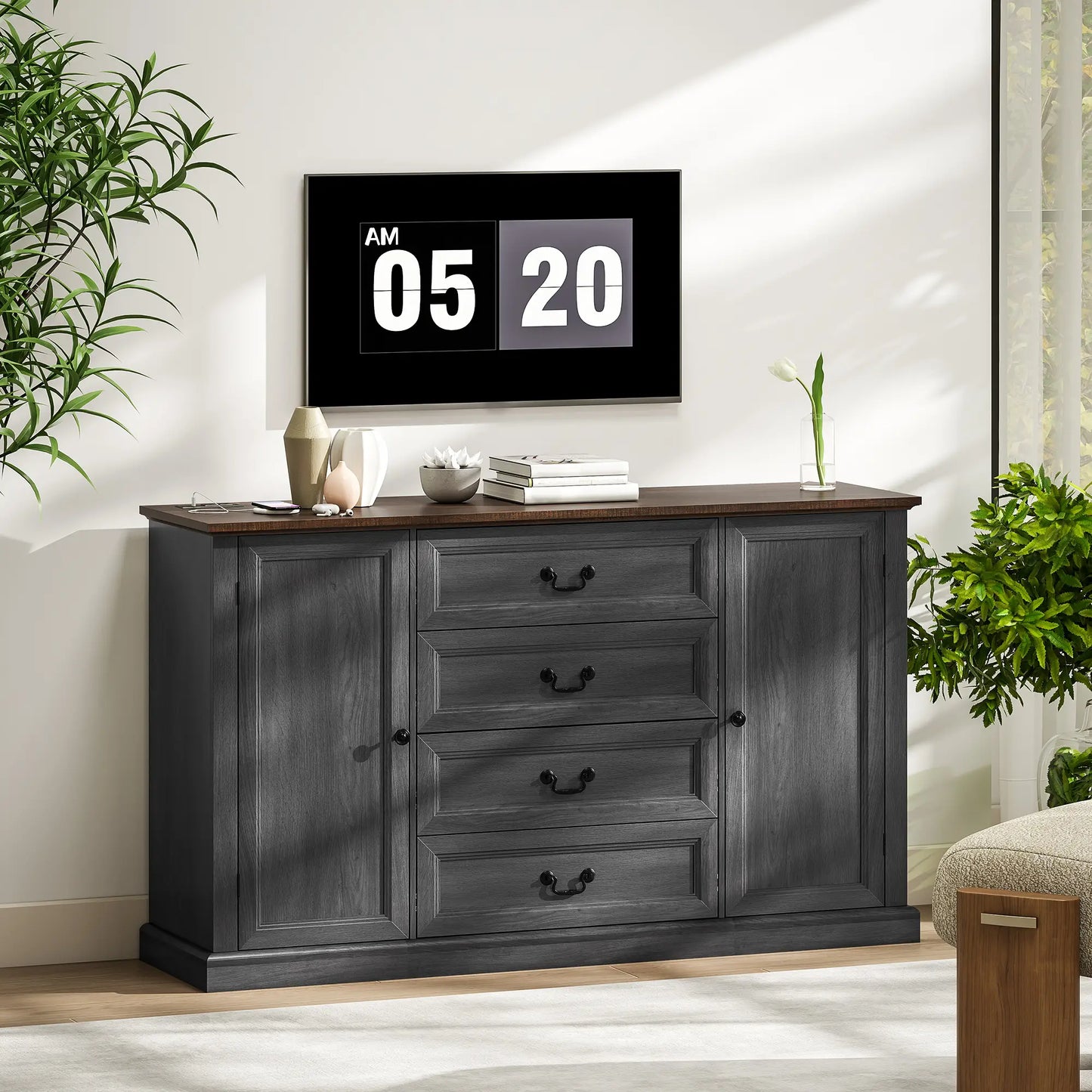 Farmhouse Sideboard with Charging Station, 58" Buffet Cabinet, Black Storage Cabinets at Gallery Canada