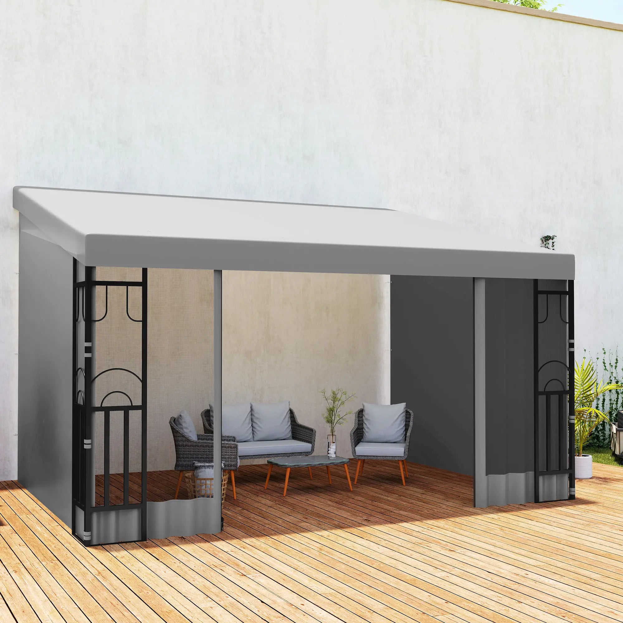 10' x 13' Wall Pergola, Outdoor Gazebo, 2 Curtains, 2 Nettings, UV Resistant, Light Grey Pergolas at Gallery Canada