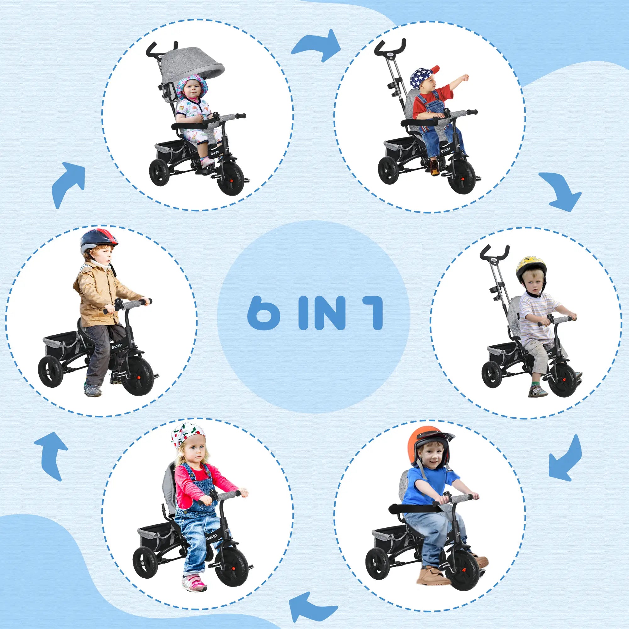 6 in 1 Toddler Tricycle Stroller, Basket, Canopy, 5-Point Harness, 12-60 Months, Grey Tricycles for Kids at Gallery Canada