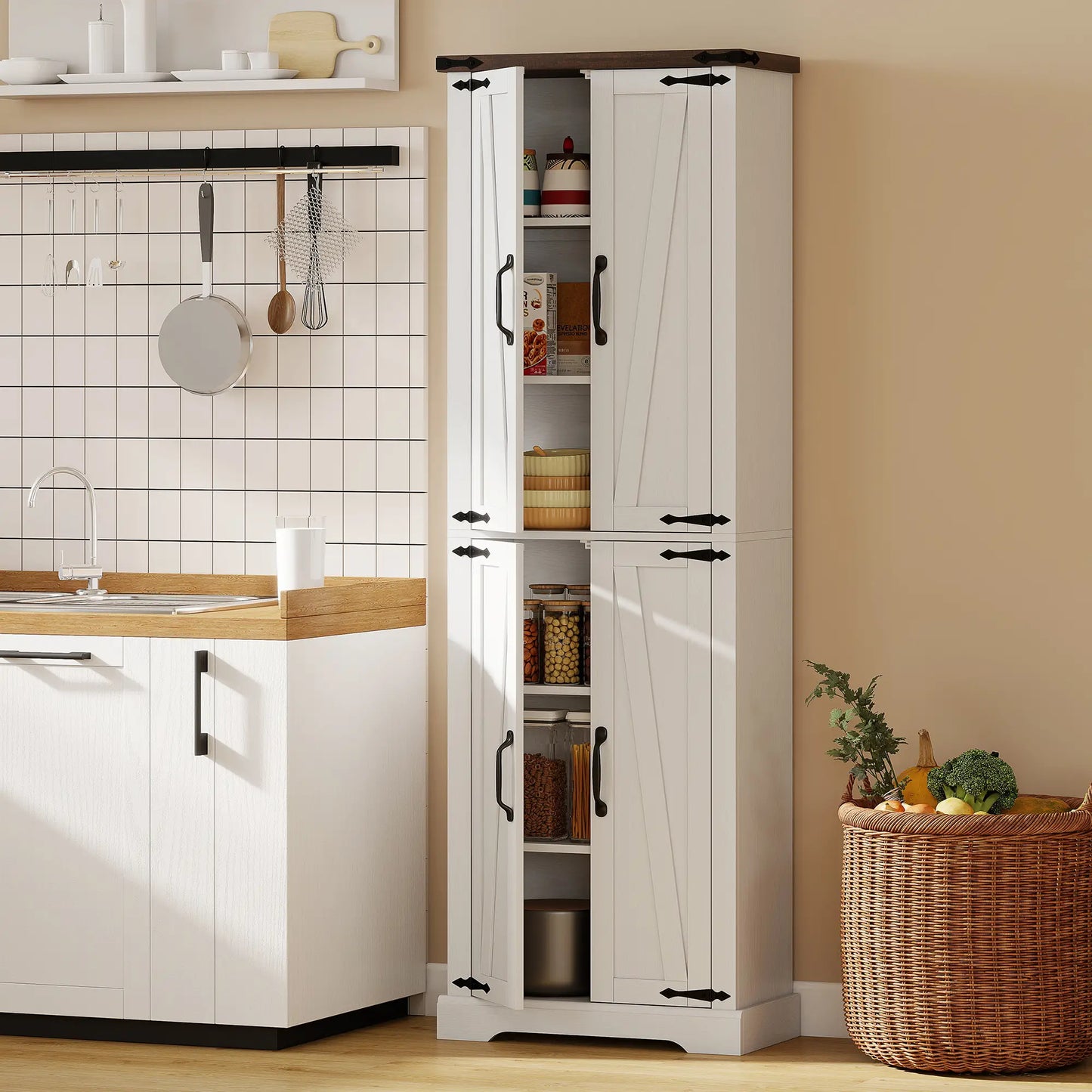 72" Pantry Cabinet, Farmhouse Kitchen Storage, Adjustable Shelves, White Kitchen Pantry Cabinets at Gallery Canada