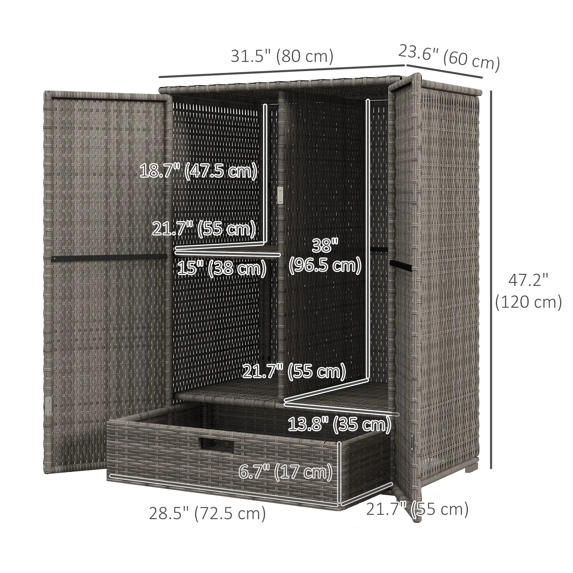 Wicker Outdoor Storage Cabinet, 2-Door Rattan, Dark Grey Patio Storage Boxes at Gallery Canada